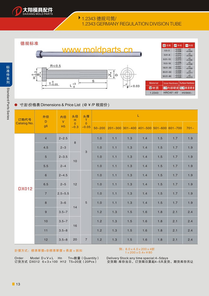 東莞大翔模具配件有限公司專業生產1.2343德規司筒，1.2343德規司筒的材質、熱處理、硬度、標準、型號等詳情說明和介紹，您可以通過本頁面下單留言或者發送詢/報價