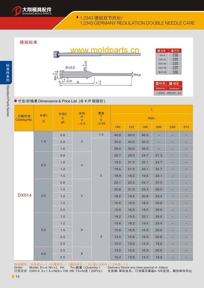 東莞大翔模具配件有限公司專業(yè)生產(chǎn)1.2343德規(guī)雙節(jié)頂針，1.2343德規(guī)雙節(jié)頂針的材質、熱處理、硬度、標準、型號等詳情說明和介紹，您可以通過本頁面下單留言或者發(fā)送詢/報價