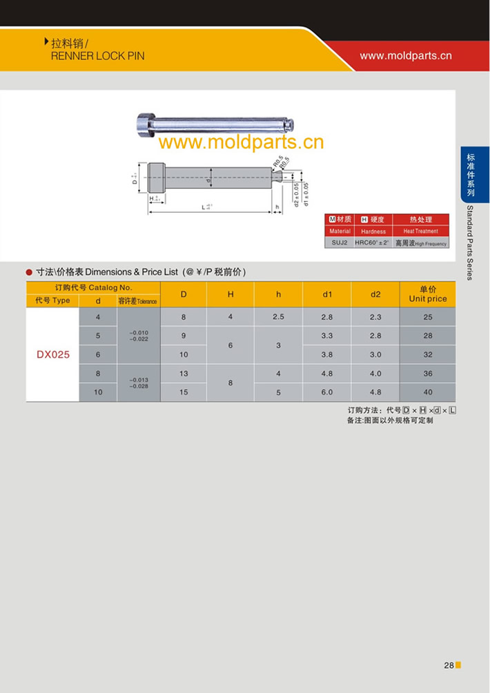 東莞大翔模具配件有限公司專業生產拉料銷，拉料銷的材質、熱處理、硬度、標準、型號等詳情說明和介紹，您可以通過本頁面下單留言或者發送詢/報價