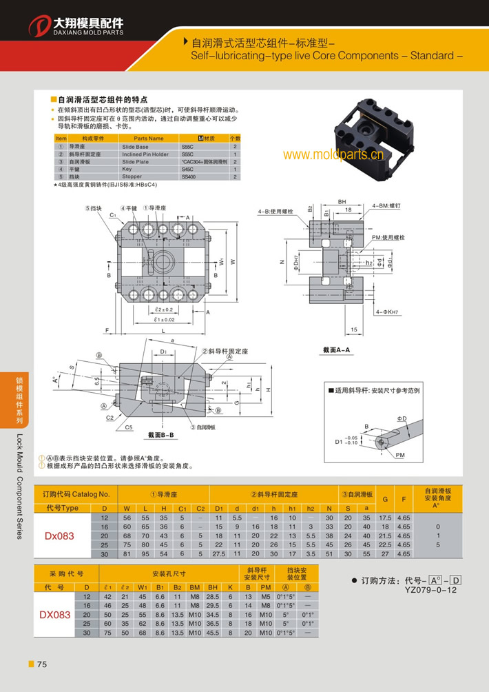 東莞大翔模具配件有限公司專業(yè)生產(chǎn)自潤滑式活型芯組件(標準型)，自潤滑式活型芯組件(標準型)的材質(zhì)、熱處理、硬度、標準、型號等詳情說明和介紹，您可以通過本頁面下單留言或者發(fā)送詢/報價