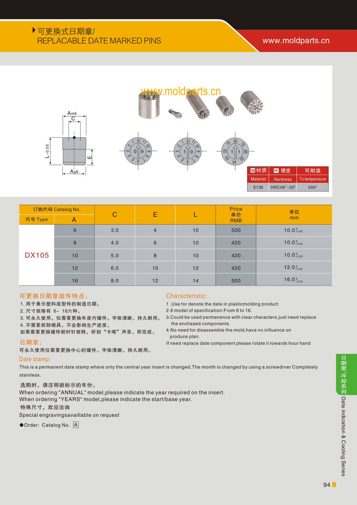 東莞大翔模具配件有限公司專業(yè)生產(chǎn)可更換式日期章，可更換式日期章的材質(zhì)、熱處理、硬度、標(biāo)準(zhǔn)、型號(hào)等詳情說明和介紹，您可以通過本頁面下單留言或者發(fā)送詢/報(bào)價(jià)