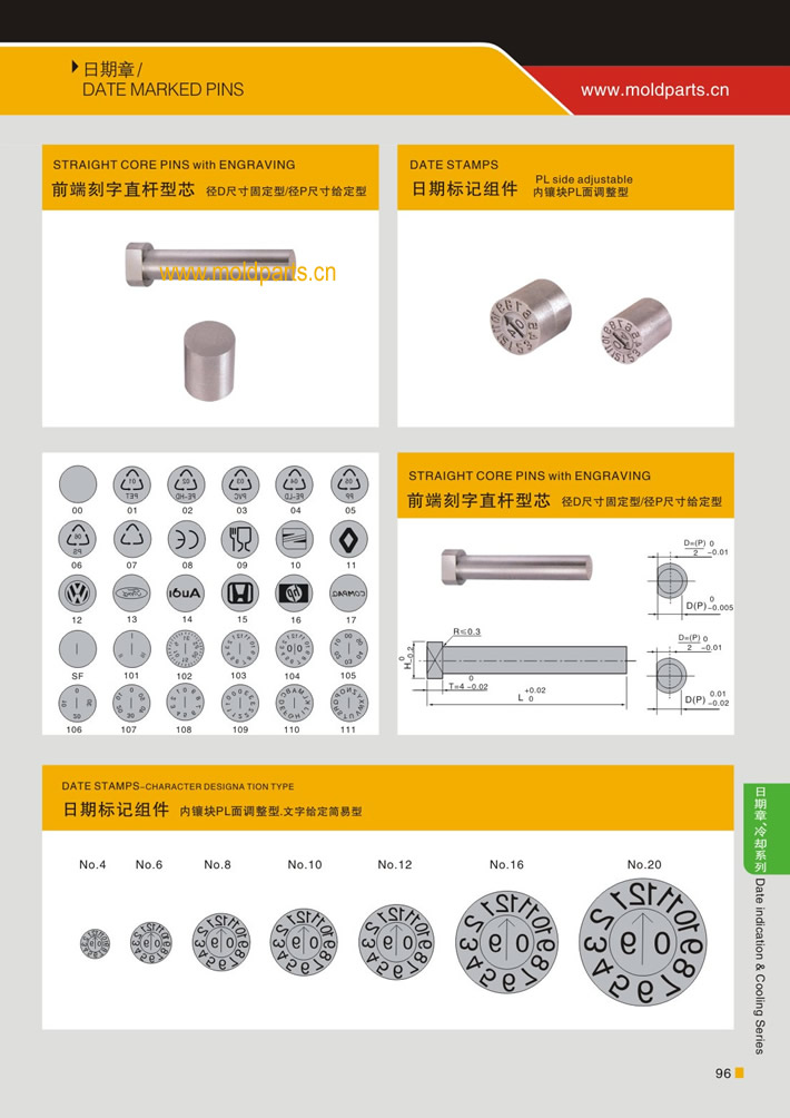 東莞大翔模具配件有限公司專業生產日期章標記組件，日期章標記組件的材質、熱處理、硬度、標準、型號等詳情說明和介紹，您可以通過本頁面下單留言或者發送詢/報價