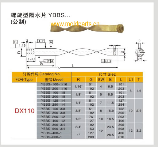 東莞大翔模具配件有限公司專業(yè)生產DME標準YBBS螺旋型隔水片，DME標準YBBS螺旋型隔水片的材質、熱處理、硬度、標準、型號等詳情說明和介紹，您可以通過本頁面下單留言或者發(fā)送詢/報價